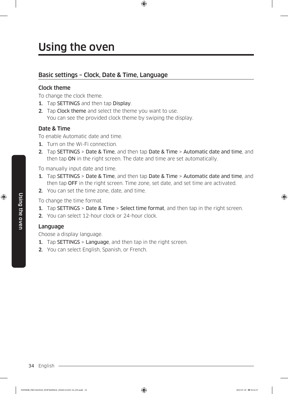 Using the oven, Basic settings – clock, date & time, language | Dacor Contemporary 36 Inch Freestanding Professional Gas Smart Range Use and Care Manual User Manual | Page 34 / 324