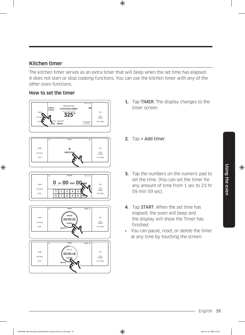 Kitchen timer, How to set the timer, Using the oven | Tap + add timer, English 35 | Dacor Contemporary 36 Inch Freestanding Professional Gas Smart Range Use and Care Manual User Manual | Page 35 / 324