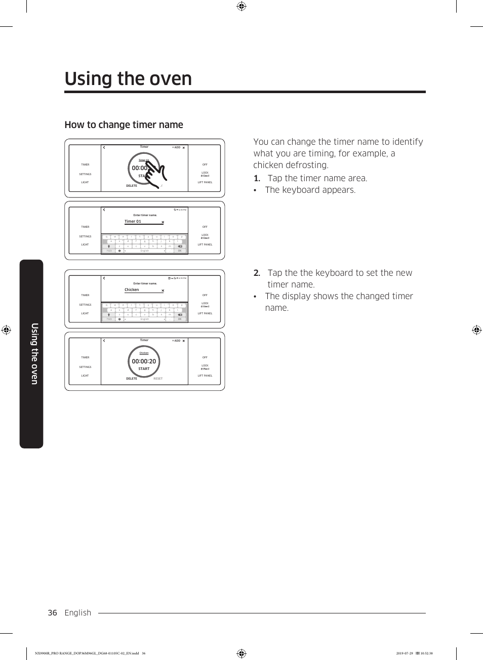 Using the oven, How to change timer name, English 36 | Dacor Contemporary 36 Inch Freestanding Professional Gas Smart Range Use and Care Manual User Manual | Page 36 / 324