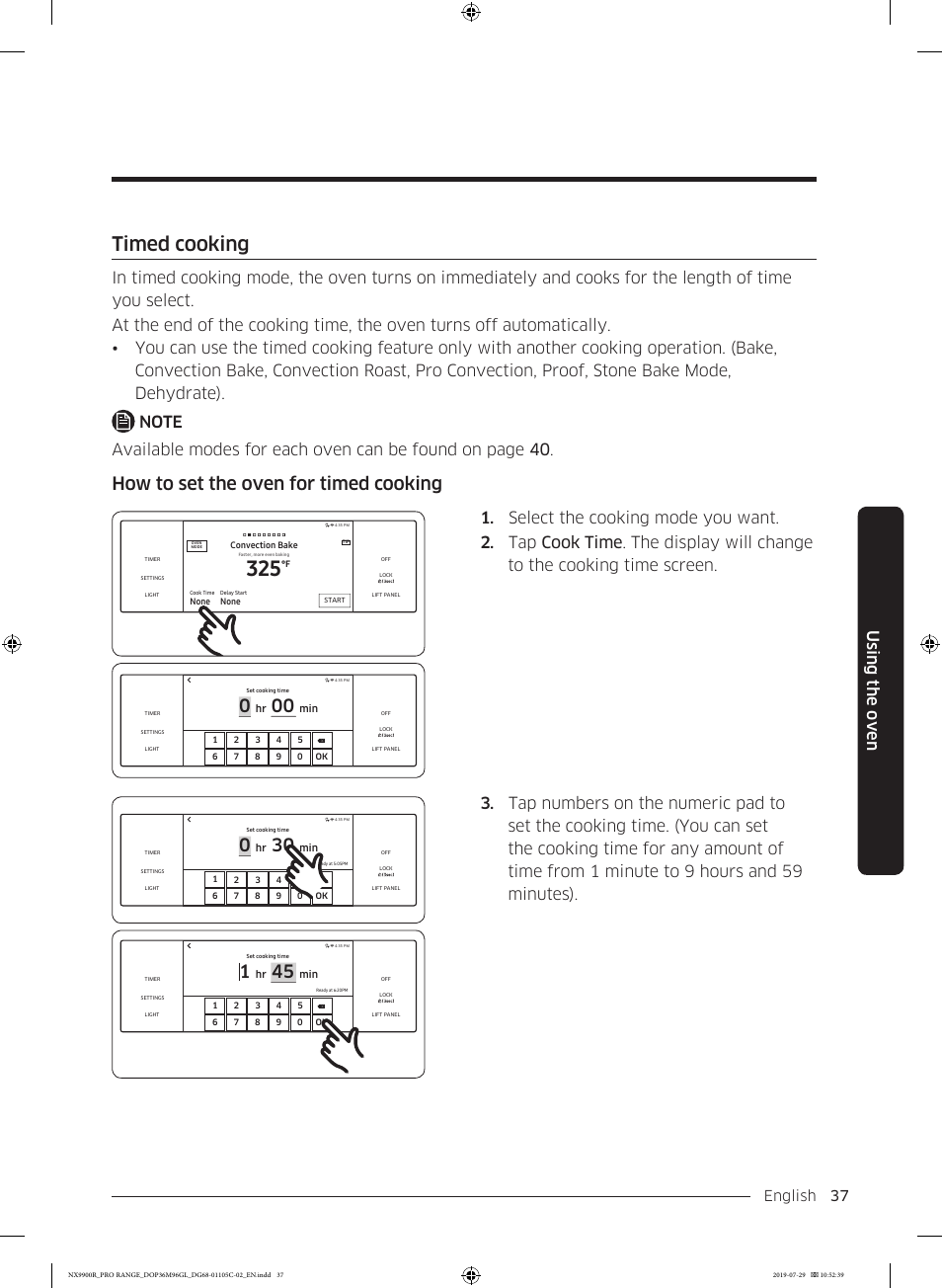 Timed cooking, How to set the oven for timed cooking, Using the oven | English 37 | Dacor Contemporary 36 Inch Freestanding Professional Gas Smart Range Use and Care Manual User Manual | Page 37 / 324