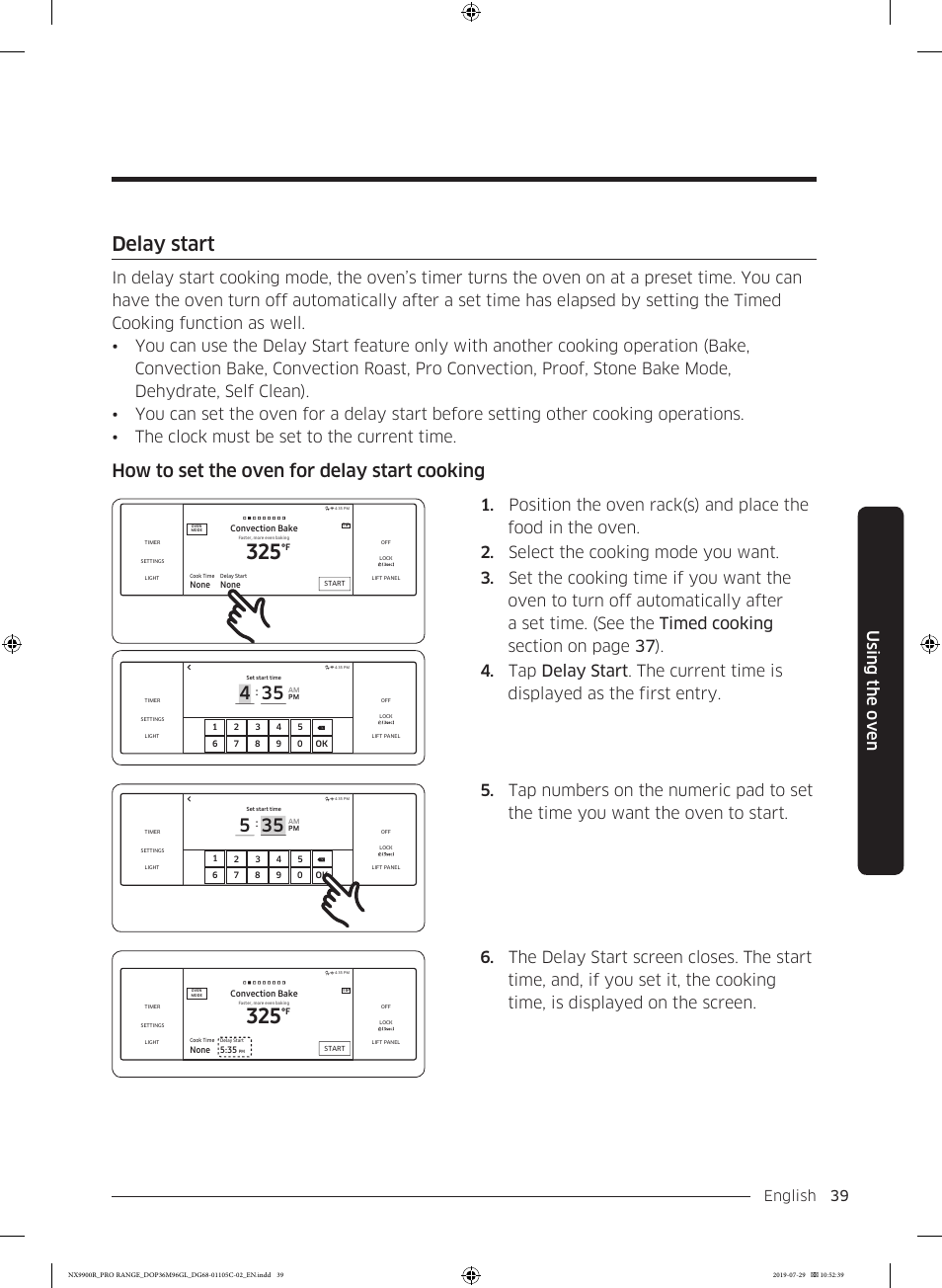 Delay start, How to set the oven for delay start cooking, Using the oven | English 39 | Dacor Contemporary 36 Inch Freestanding Professional Gas Smart Range Use and Care Manual User Manual | Page 39 / 324