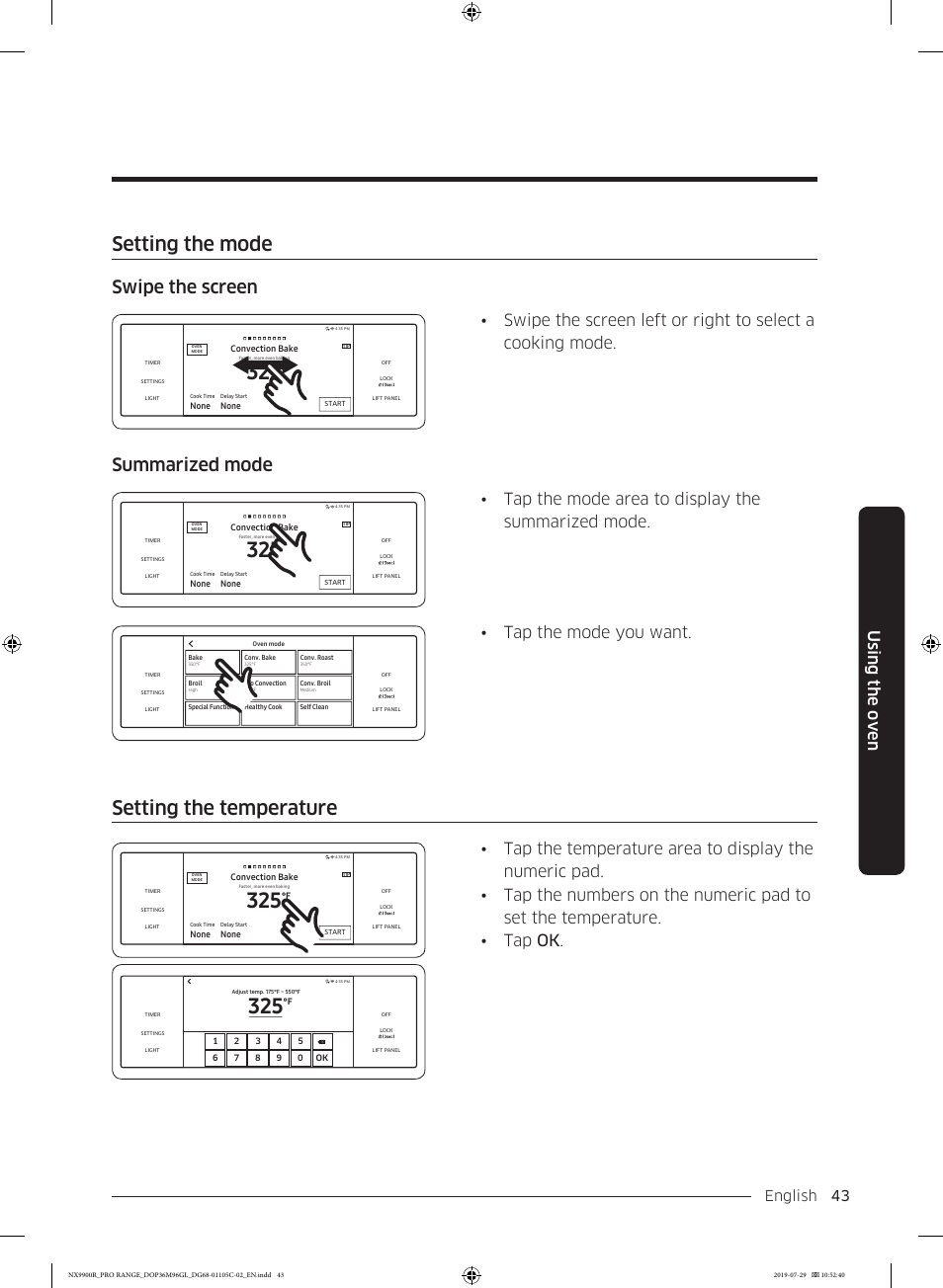 Setting the mode, Setting the temperature, Swipe the screen | Summarized mode, Using the oven, Tap the mode area to display the summarized mode, Tap the mode you want, English 43 | Dacor Contemporary 36 Inch Freestanding Professional Gas Smart Range Use and Care Manual User Manual | Page 43 / 324