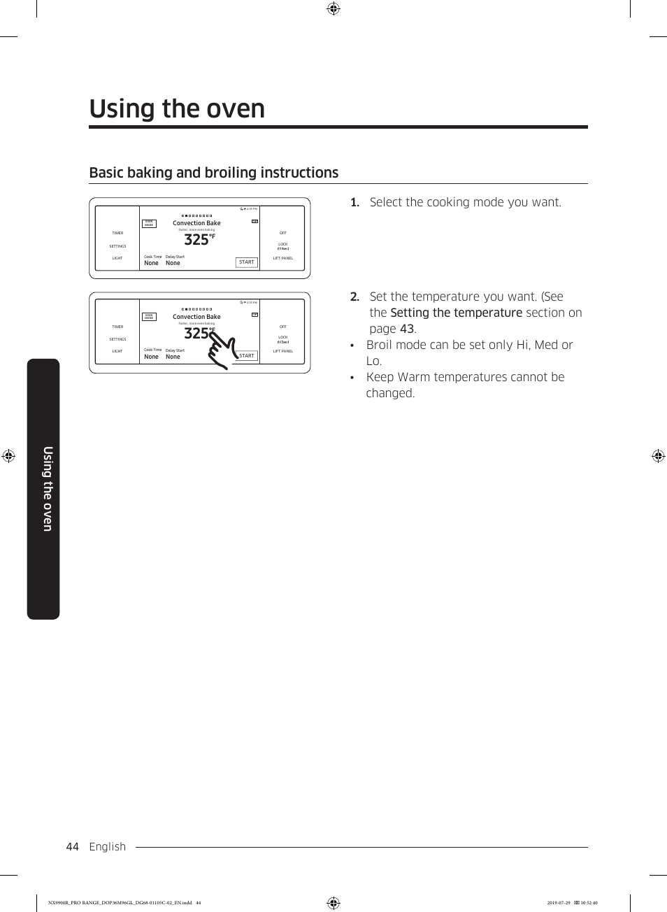 Basic baking and broiling instructions, Using the oven, Select the cooking mode you want | English 44 | Dacor Contemporary 36 Inch Freestanding Professional Gas Smart Range Use and Care Manual User Manual | Page 44 / 324