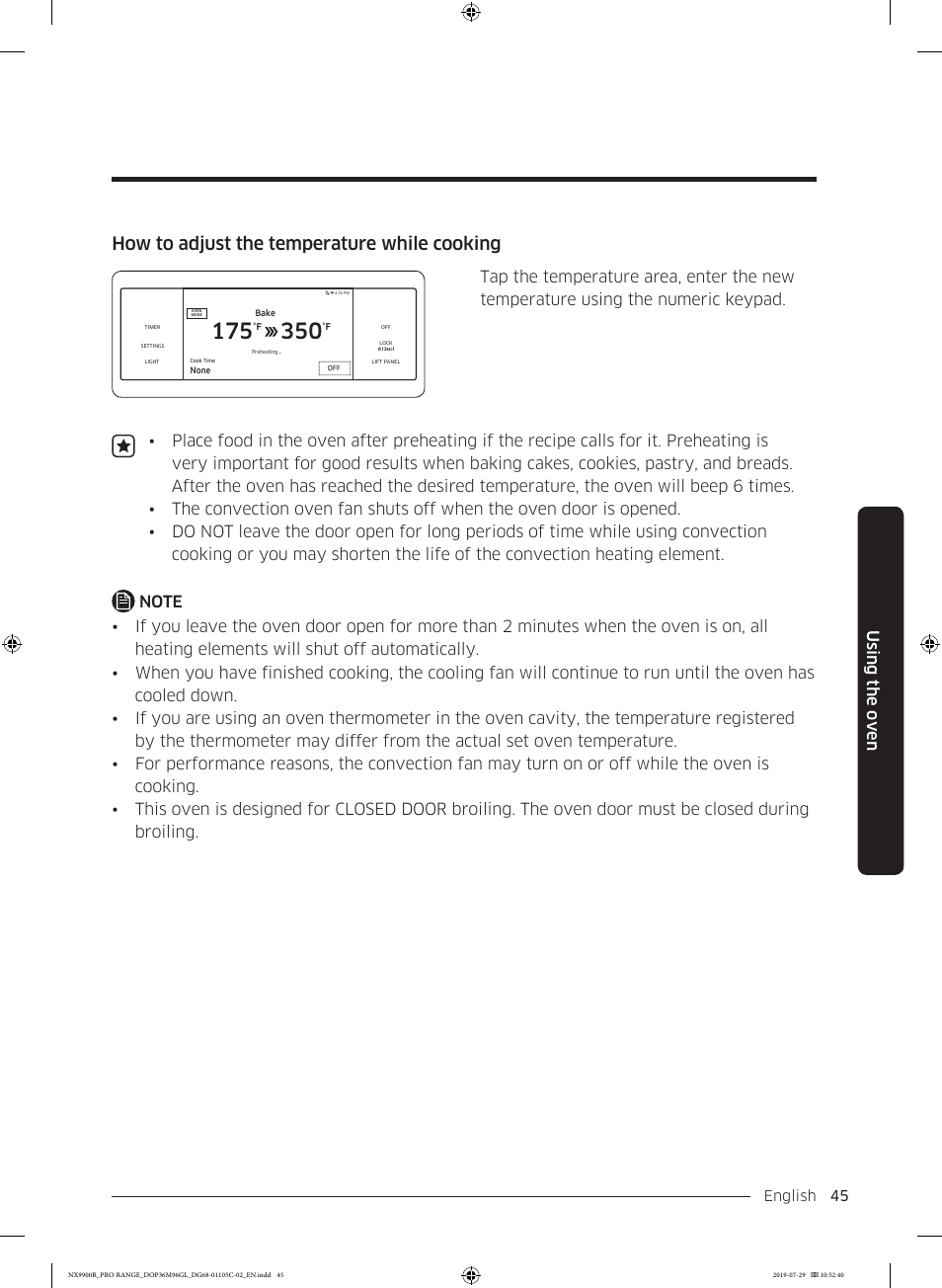 How to adjust the temperature while cooking, Using the oven | Dacor Contemporary 36 Inch Freestanding Professional Gas Smart Range Use and Care Manual User Manual | Page 45 / 324