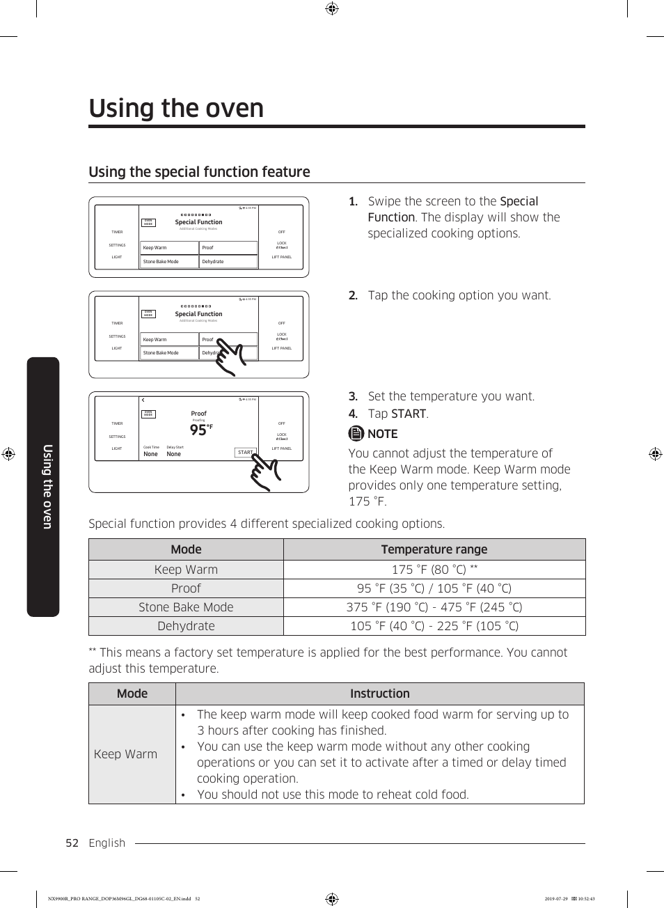 Using the special function feature, Using the oven, Tap the cooking option you want | English 52 | Dacor Contemporary 36 Inch Freestanding Professional Gas Smart Range Use and Care Manual User Manual | Page 52 / 324