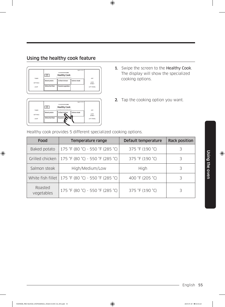 Using the healthy cook feature, Using the oven | Dacor Contemporary 36 Inch Freestanding Professional Gas Smart Range Use and Care Manual User Manual | Page 55 / 324