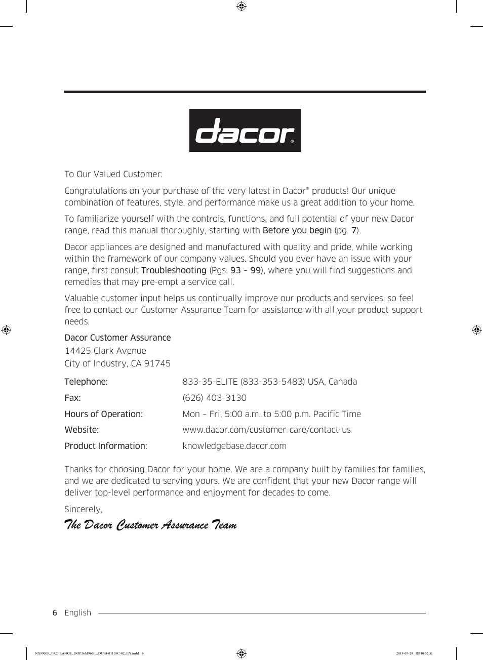 Dacor Contemporary 36 Inch Freestanding Professional Gas Smart Range Use and Care Manual User Manual | Page 6 / 324