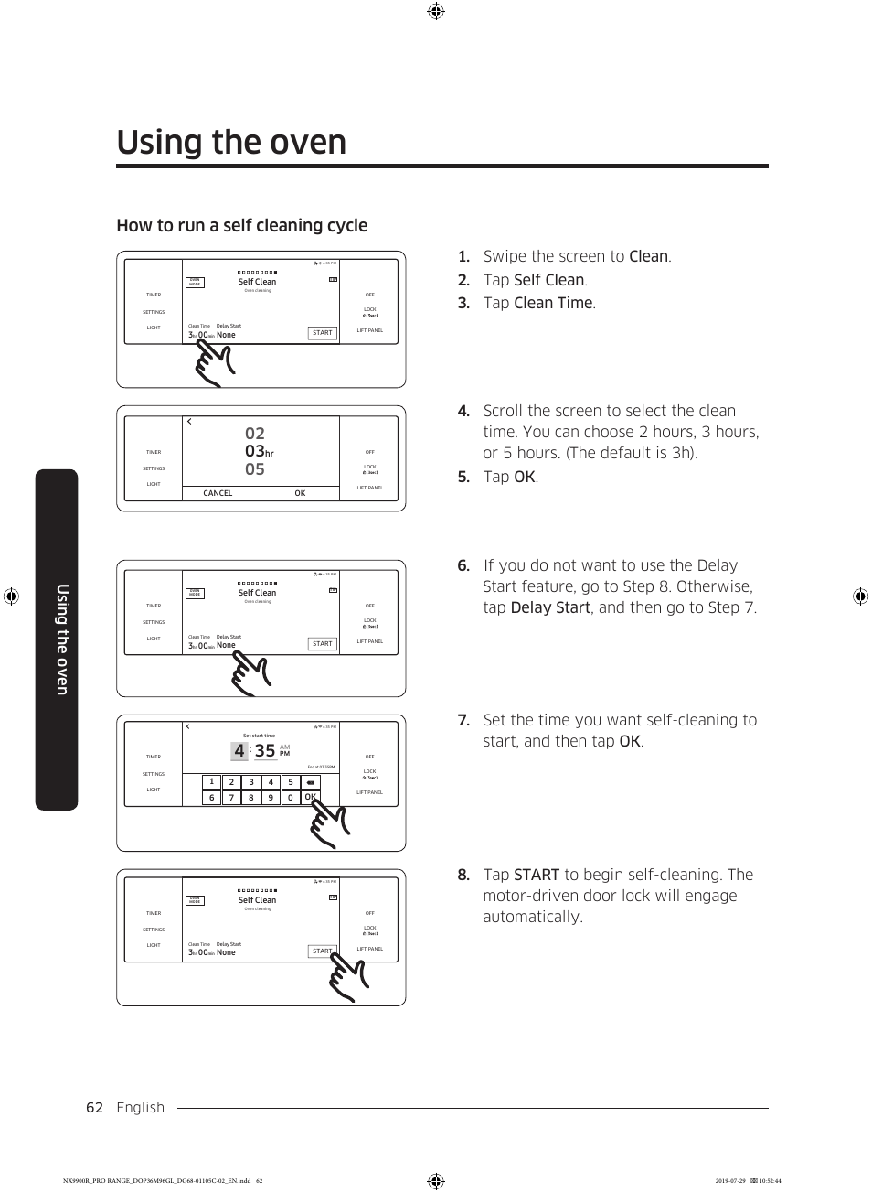 Using the oven, How to run a self cleaning cycle, English 62 | Dacor Contemporary 36 Inch Freestanding Professional Gas Smart Range Use and Care Manual User Manual | Page 62 / 324