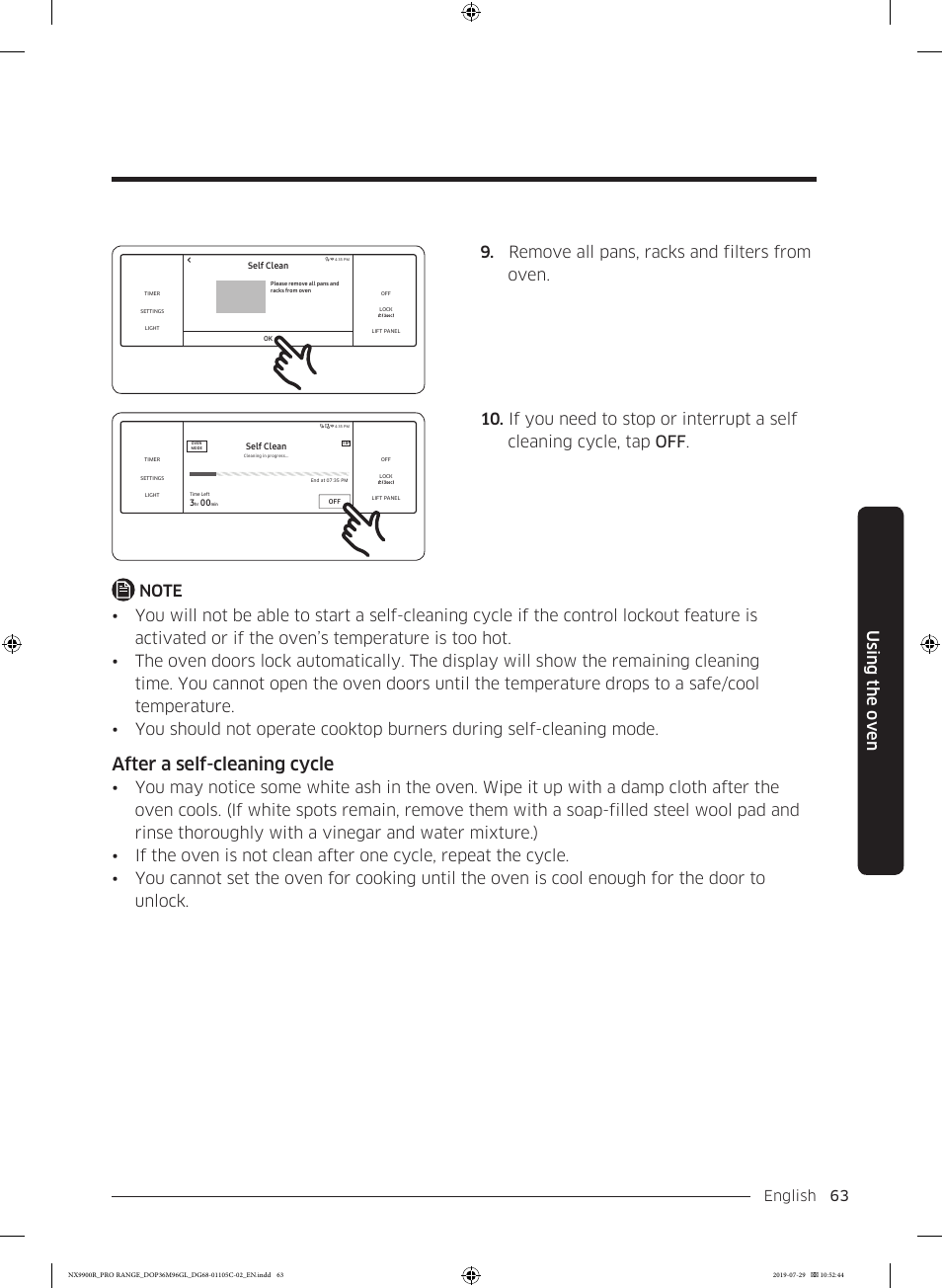 After a self-cleaning cycle, Using the oven, Remove all pans, racks and filters from oven | English 63 | Dacor Contemporary 36 Inch Freestanding Professional Gas Smart Range Use and Care Manual User Manual | Page 63 / 324