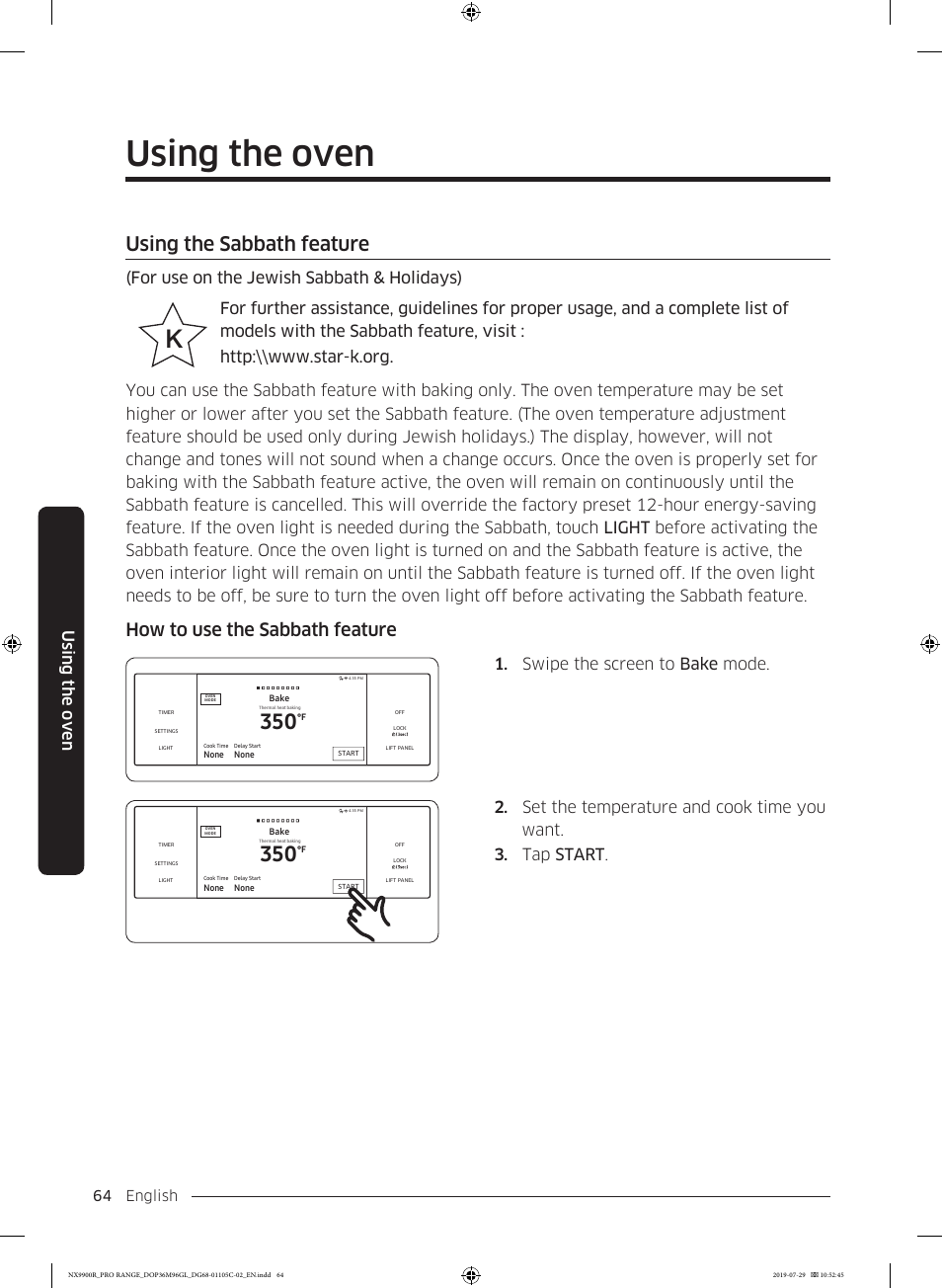 Using the sabbath feature, Using the oven, How to use the sabbath feature | For use on the jewish sabbath & holidays), Swipe the screen to bake mode, English 64 | Dacor Contemporary 36 Inch Freestanding Professional Gas Smart Range Use and Care Manual User Manual | Page 64 / 324
