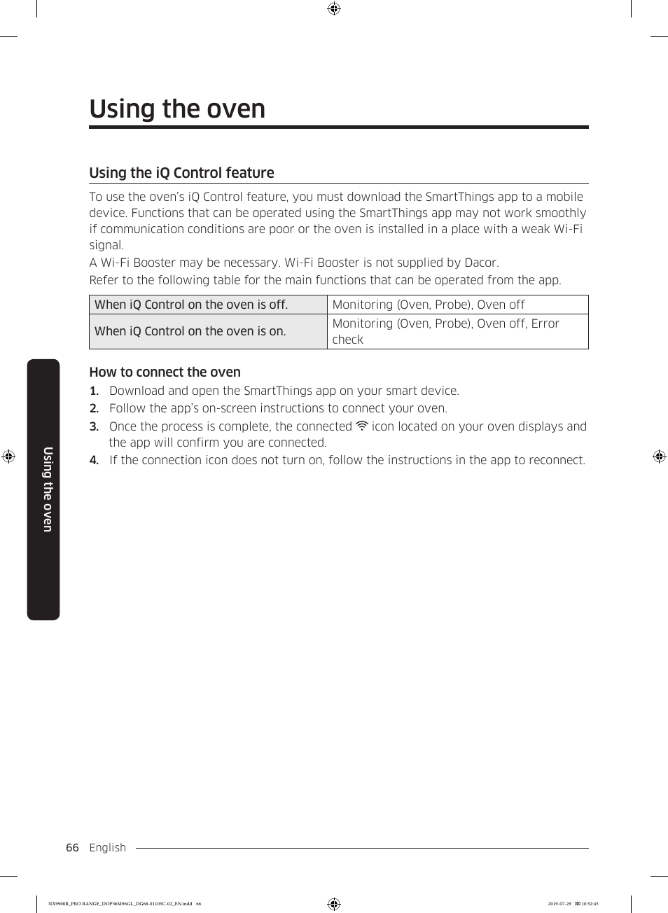 Using the iq control feature, Using the oven | Dacor Contemporary 36 Inch Freestanding Professional Gas Smart Range Use and Care Manual User Manual | Page 66 / 324