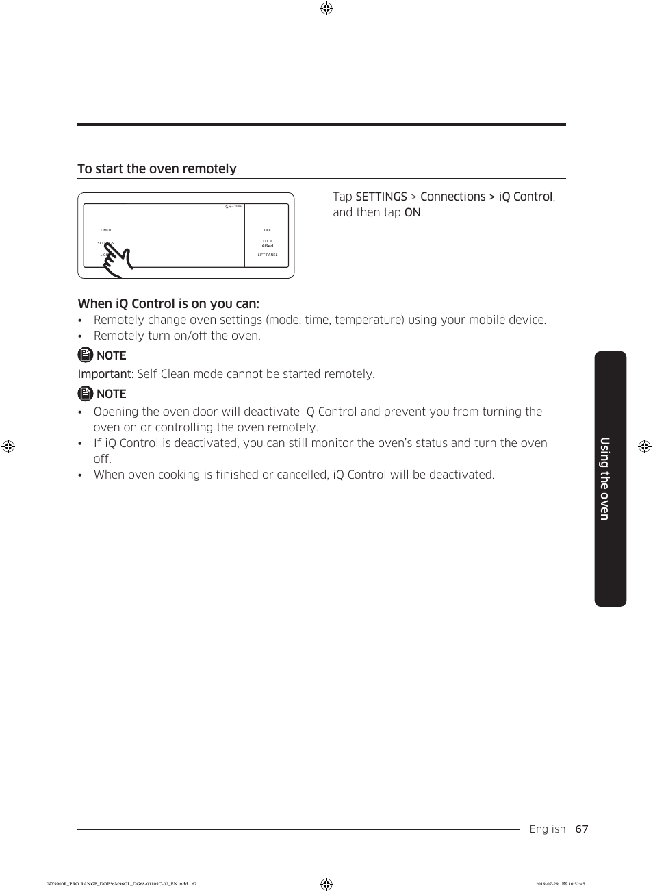 To start the oven remotely, When iq control is on you can | Dacor Contemporary 36 Inch Freestanding Professional Gas Smart Range Use and Care Manual User Manual | Page 67 / 324