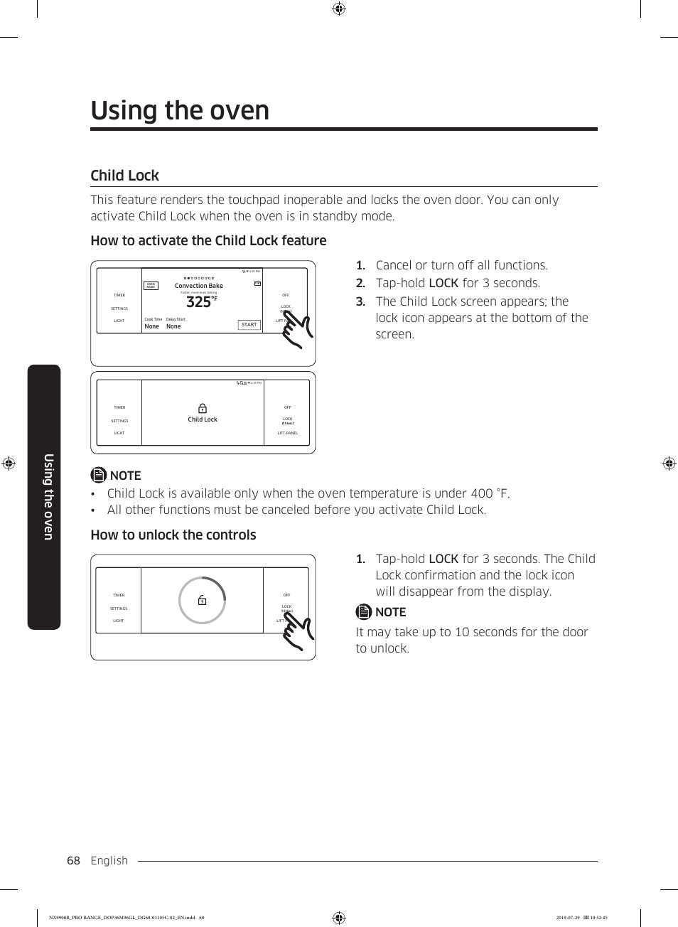 Child lock, Using the oven, How to activate the child lock feature | How to unlock the controls, English 68 | Dacor Contemporary 36 Inch Freestanding Professional Gas Smart Range Use and Care Manual User Manual | Page 68 / 324