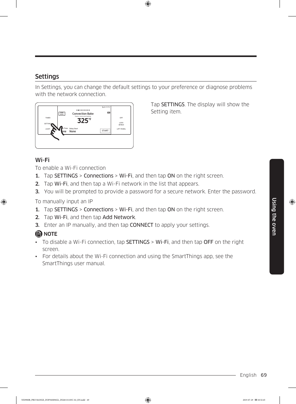 Settings, Settings 69, Wi-fi | Dacor Contemporary 36 Inch Freestanding Professional Gas Smart Range Use and Care Manual User Manual | Page 69 / 324