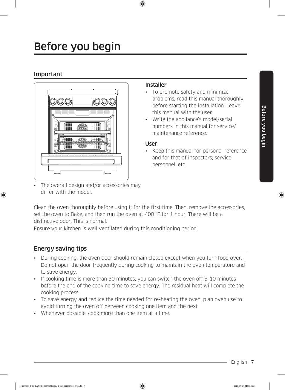 Before you begin, Important, Energy saving tips | Important 7 energy saving tips, Range, read this manual thoroughly, starting with | Dacor Contemporary 36 Inch Freestanding Professional Gas Smart Range Use and Care Manual User Manual | Page 7 / 324