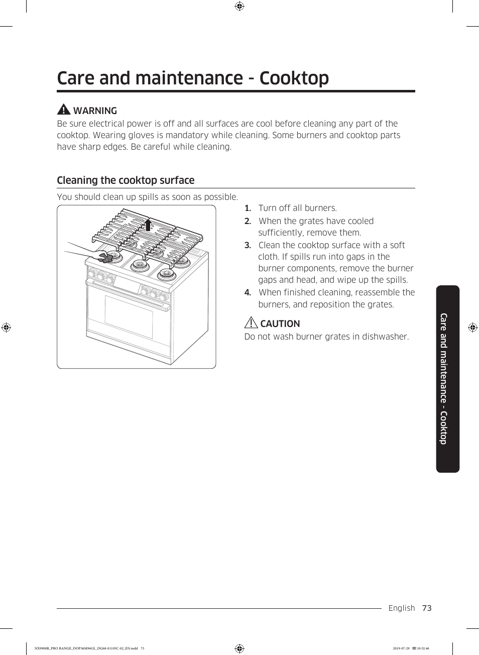 Care and maintenance - cooktop, Cleaning the cooktop surface | Dacor Contemporary 36 Inch Freestanding Professional Gas Smart Range Use and Care Manual User Manual | Page 73 / 324