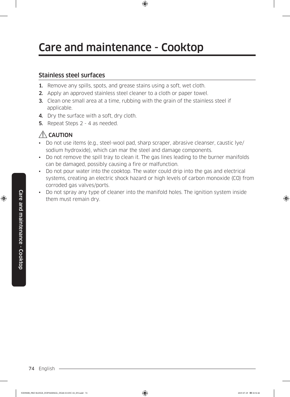 Stainless steel surfaces, Care and maintenance - cooktop | Dacor Contemporary 36 Inch Freestanding Professional Gas Smart Range Use and Care Manual User Manual | Page 74 / 324
