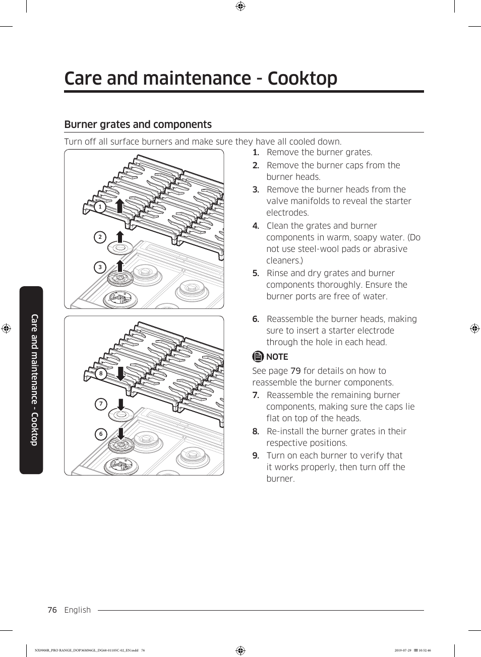 Burner grates and components, Care and maintenance - cooktop | Dacor Contemporary 36 Inch Freestanding Professional Gas Smart Range Use and Care Manual User Manual | Page 76 / 324