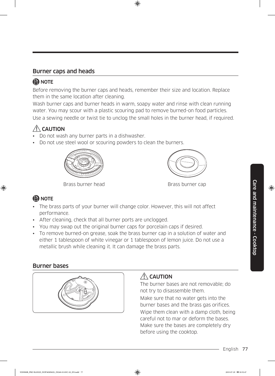 Burner caps and heads, Burner bases | Dacor Contemporary 36 Inch Freestanding Professional Gas Smart Range Use and Care Manual User Manual | Page 77 / 324