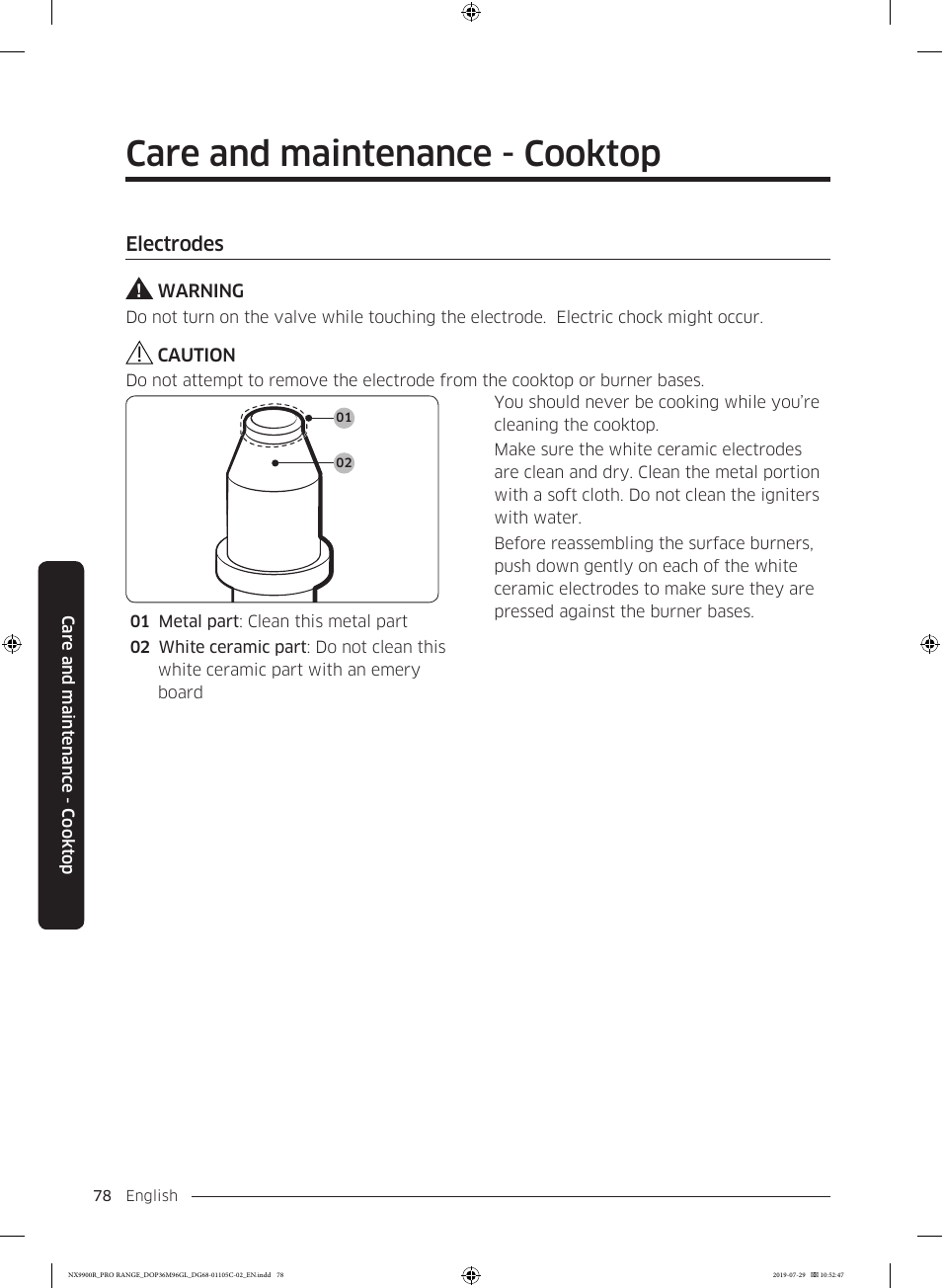 Electrodes, Electrodes 78, Care and maintenance - cooktop | Dacor Contemporary 36 Inch Freestanding Professional Gas Smart Range Use and Care Manual User Manual | Page 78 / 324