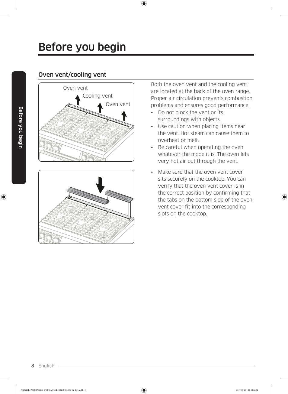 Oven vent/cooling vent, Before you begin | Dacor Contemporary 36 Inch Freestanding Professional Gas Smart Range Use and Care Manual User Manual | Page 8 / 324