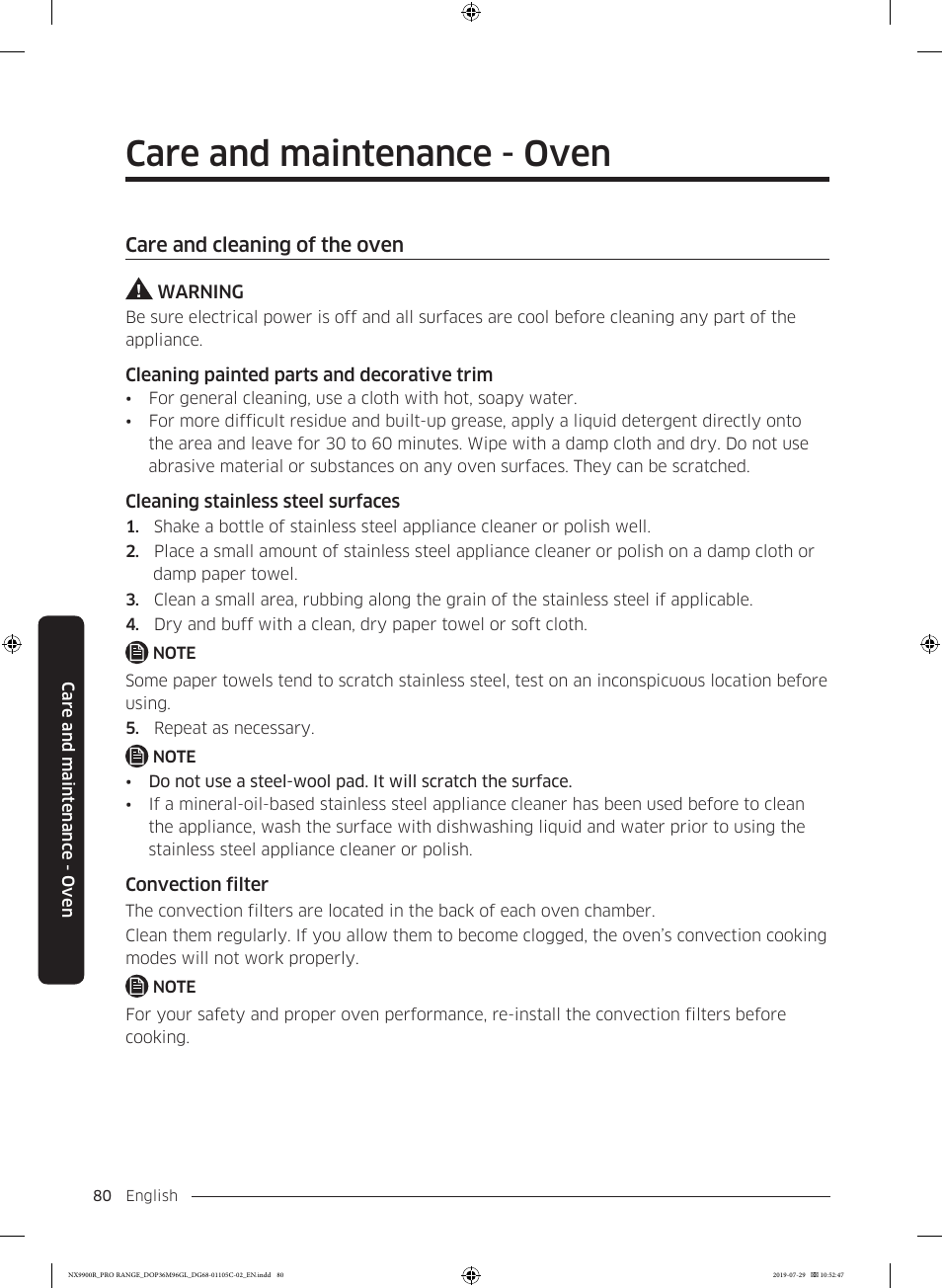 Care and maintenance - oven, Care and cleaning of the oven | Dacor Contemporary 36 Inch Freestanding Professional Gas Smart Range Use and Care Manual User Manual | Page 80 / 324