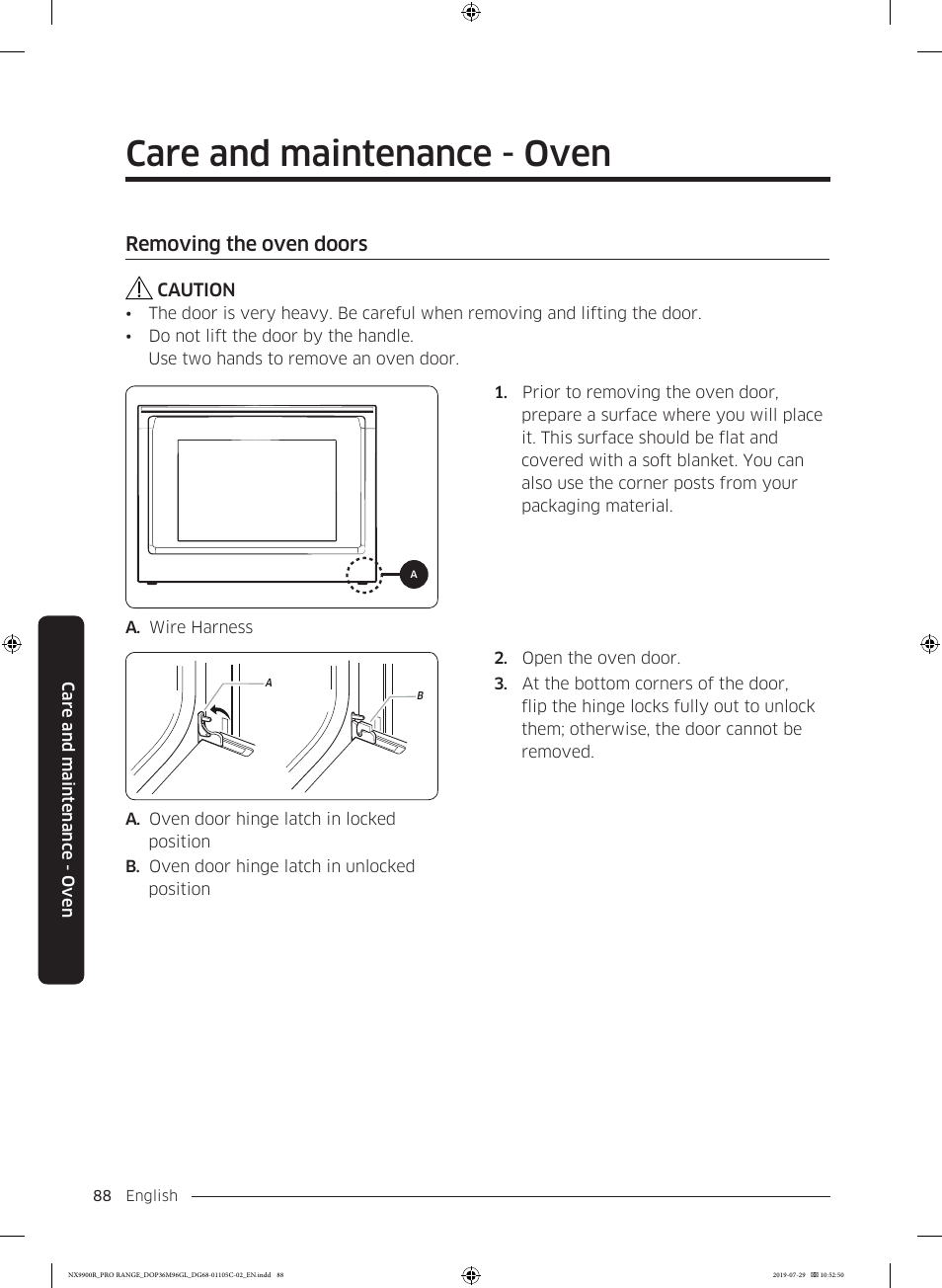 Removing the oven doors, Care and maintenance - oven | Dacor Contemporary 36 Inch Freestanding Professional Gas Smart Range Use and Care Manual User Manual | Page 88 / 324