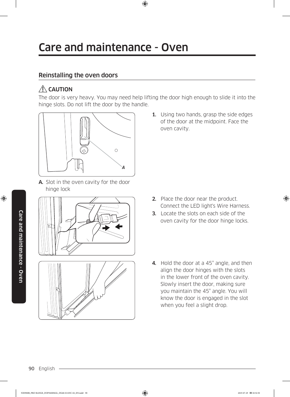 Reinstalling the oven doors, Care and maintenance - oven | Dacor Contemporary 36 Inch Freestanding Professional Gas Smart Range Use and Care Manual User Manual | Page 90 / 324