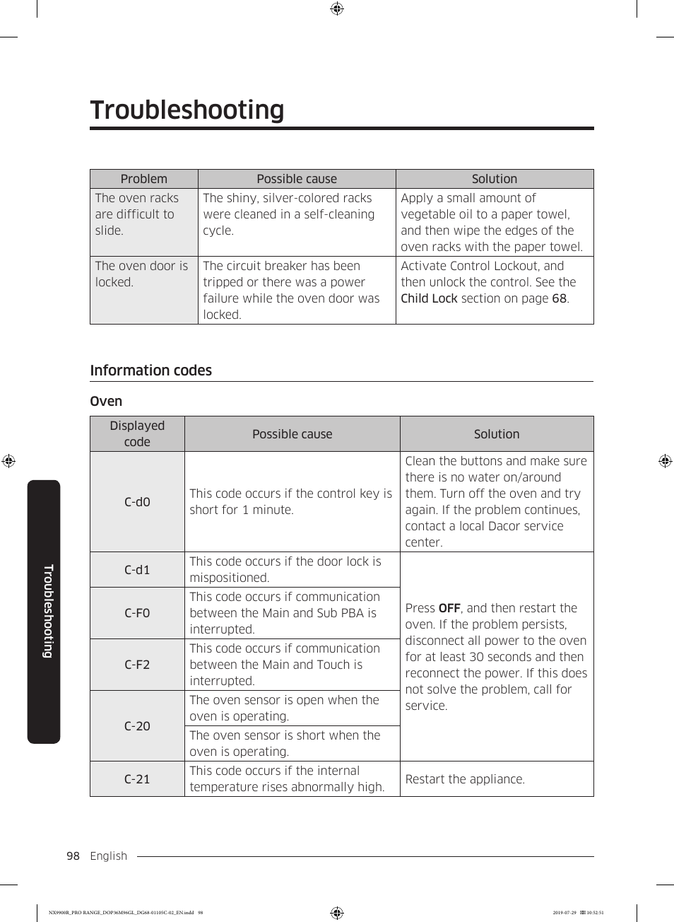 Information codes, Troubleshooting | Dacor Contemporary 36 Inch Freestanding Professional Gas Smart Range Use and Care Manual User Manual | Page 98 / 324