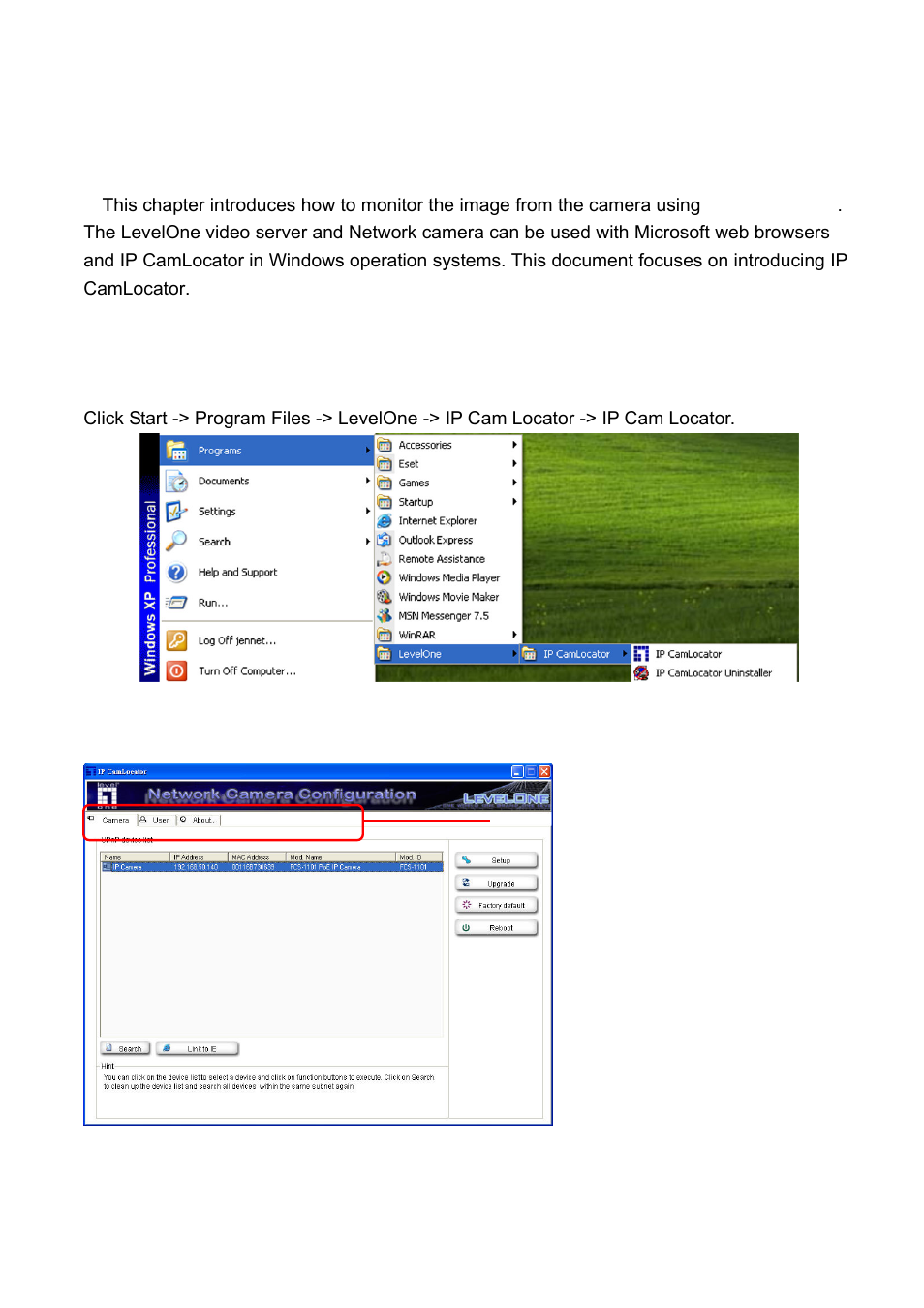 How to use ip camlocator, Main menu | Digital Data Communications LEVEL ONE FCS-4400 User Manual | Page 18 / 93