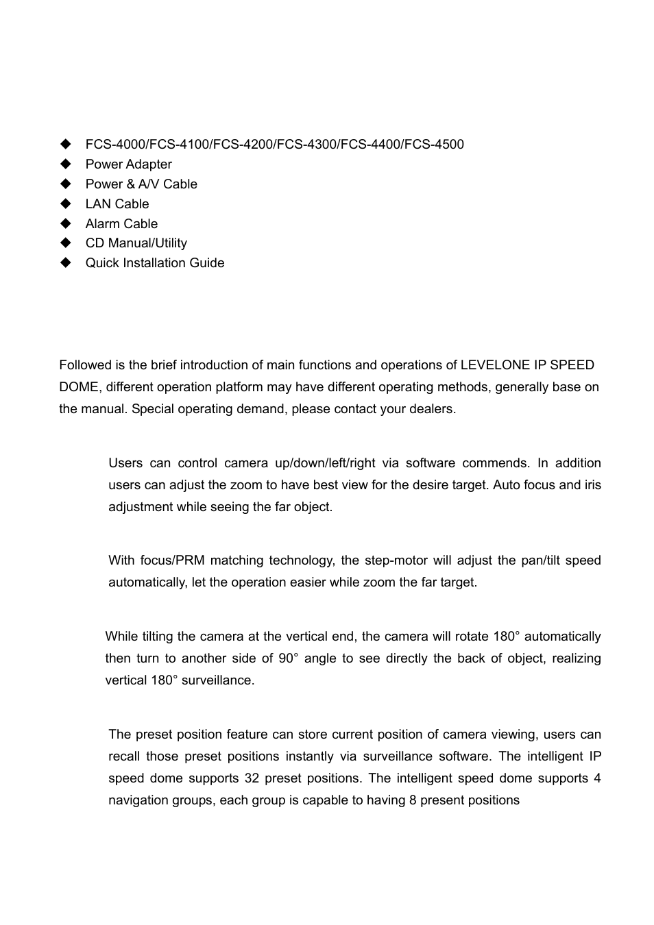 Package contents, Functions and operation directory | Digital Data Communications LEVEL ONE FCS-4400 User Manual | Page 5 / 93