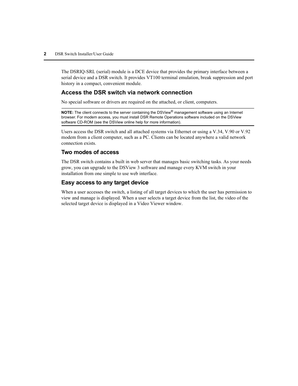 Access the dsr switch via network connection, Two modes of access, Easy access to any target device | Avocent DSR1020 User Manual | Page 10 / 96
