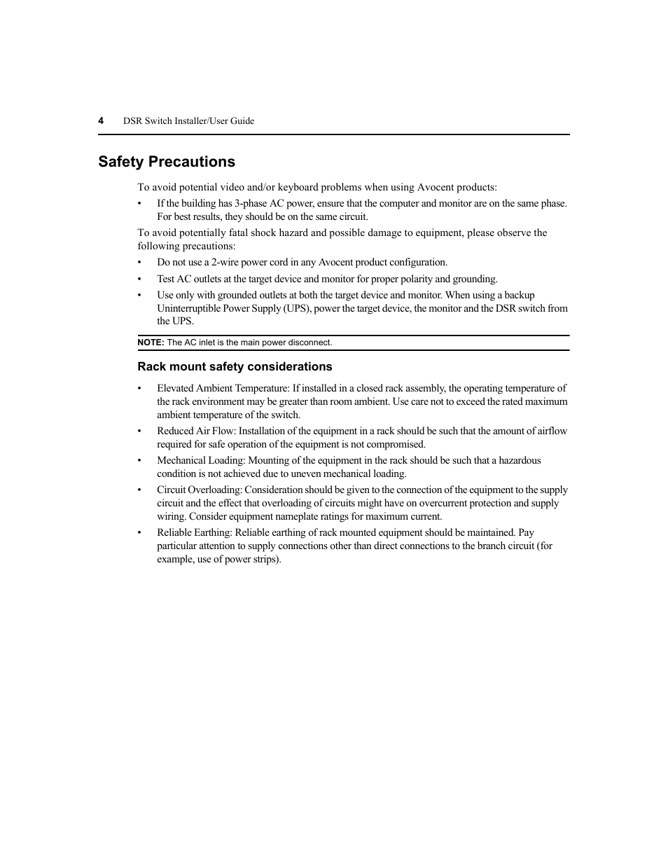 Safety precautions | Avocent DSR1020 User Manual | Page 12 / 96