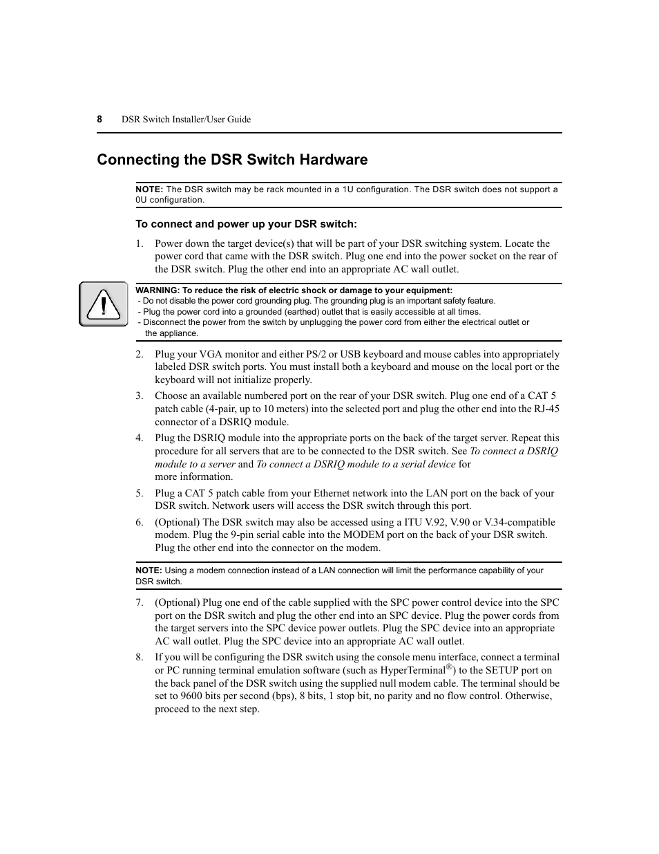 Connecting the dsr switch hardware | Avocent DSR1020 User Manual | Page 16 / 96