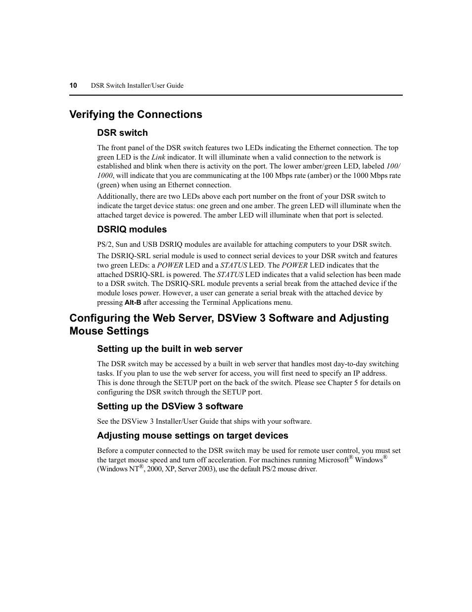 Verifying the connections | Avocent DSR1020 User Manual | Page 18 / 96