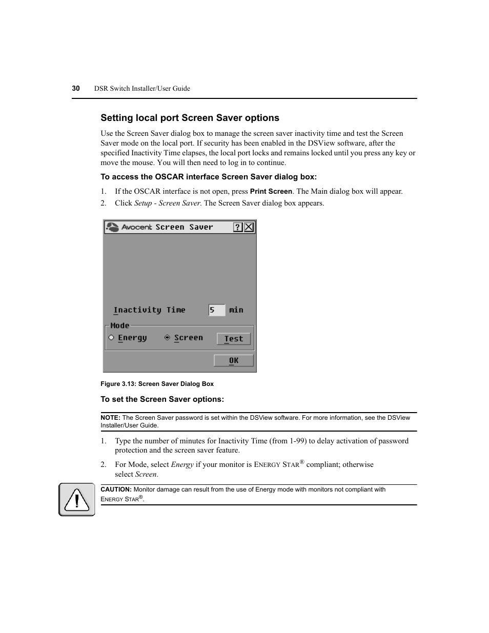 Setting local port screen saver options | Avocent DSR1020 User Manual | Page 38 / 96