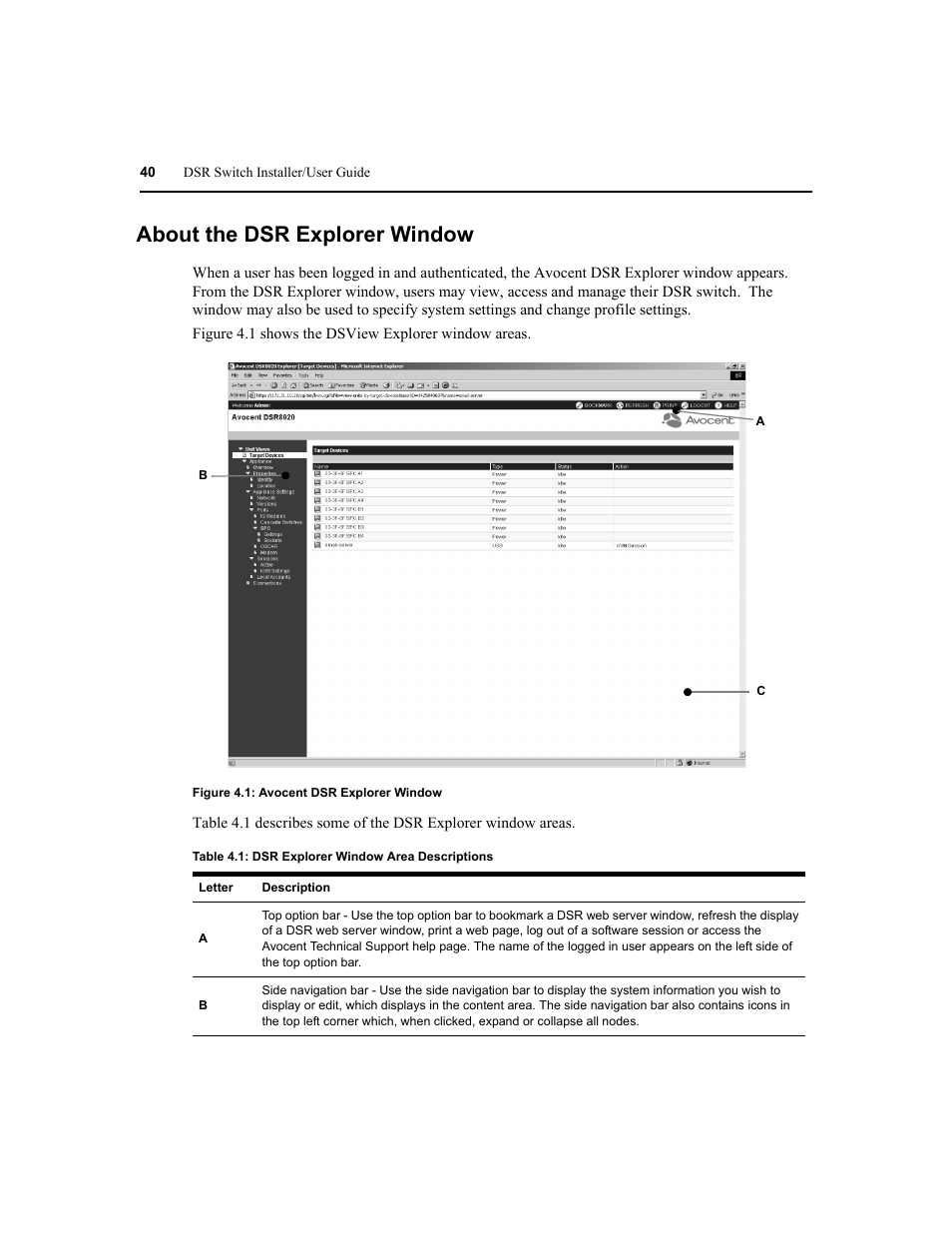 About the dsr explorer window | Avocent DSR1020 User Manual | Page 48 / 96