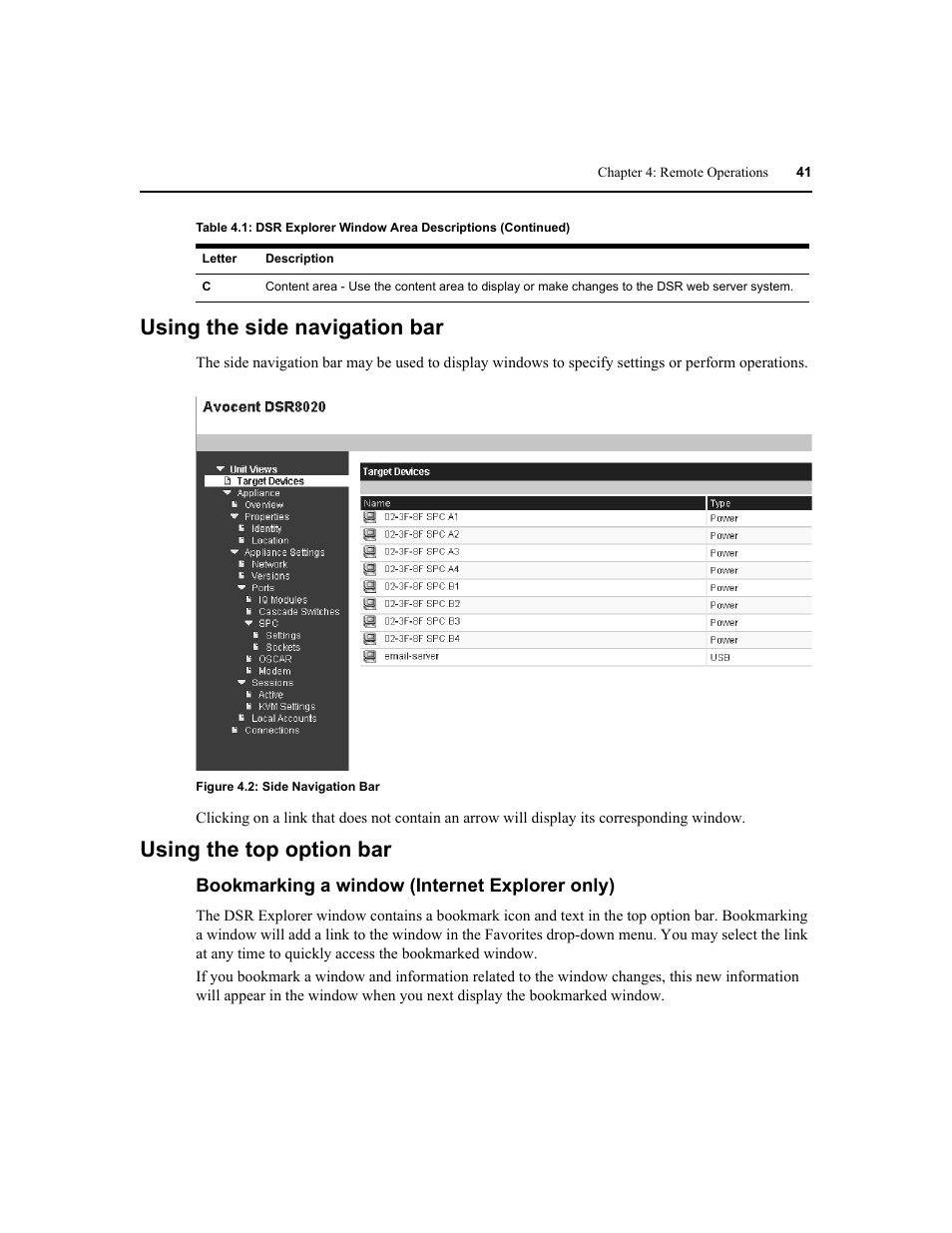 Using the side navigation bar, Using the top option bar | Avocent DSR1020 User Manual | Page 49 / 96