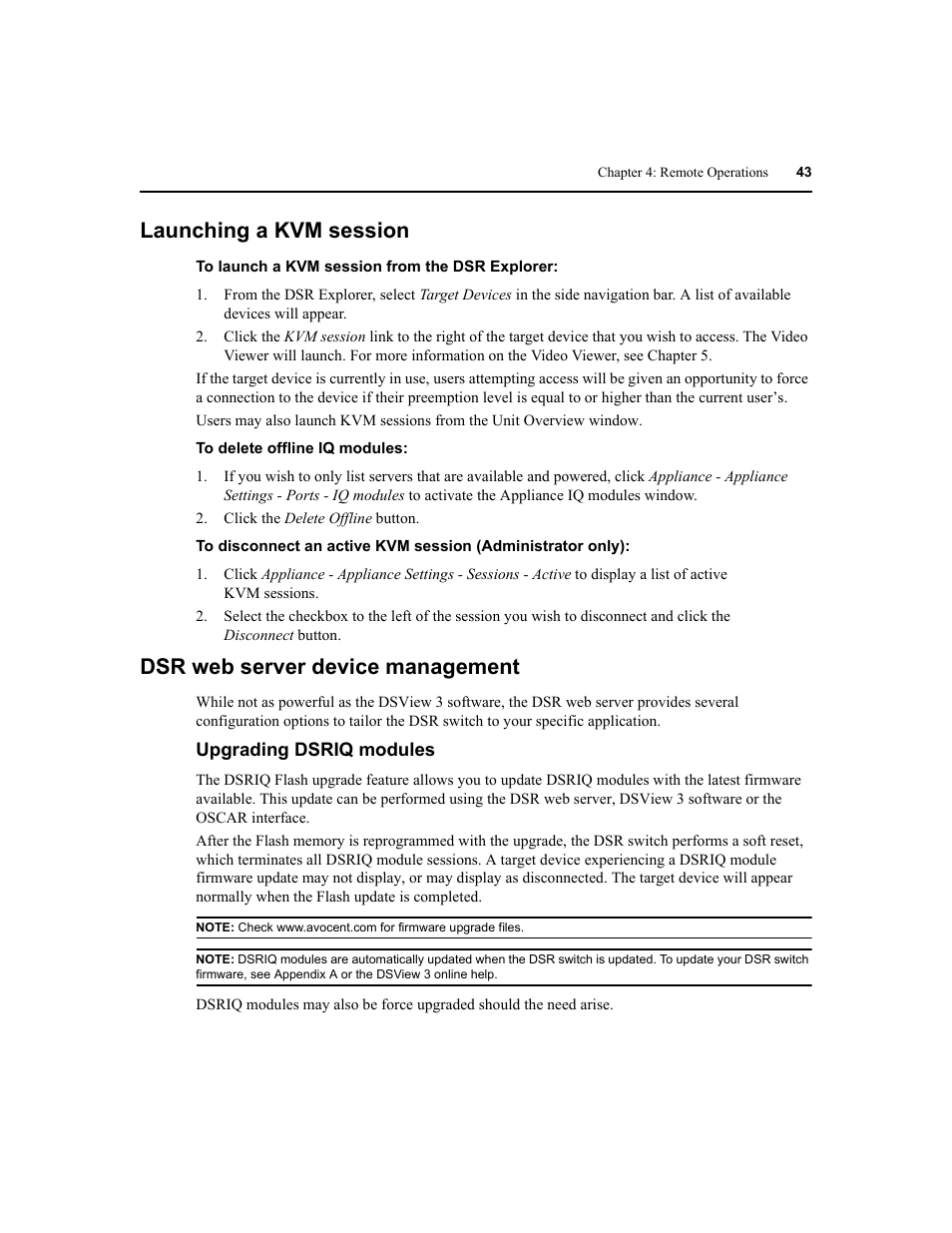 Launching a kvm session, Dsr web server device management | Avocent DSR1020 User Manual | Page 51 / 96