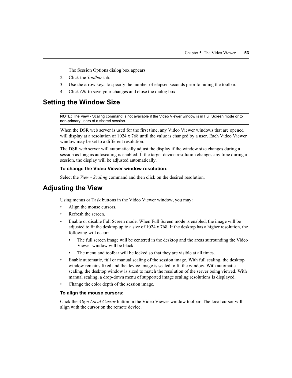 Setting the window size, Adjusting the view | Avocent DSR1020 User Manual | Page 61 / 96
