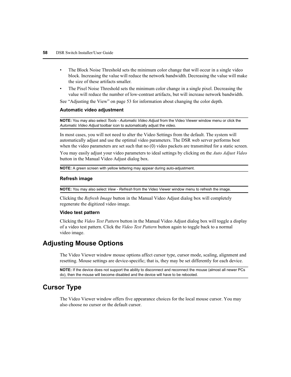 Adjusting mouse options, Cursor type | Avocent DSR1020 User Manual | Page 66 / 96