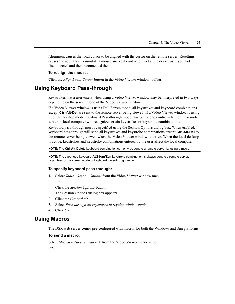 Using keyboard pass-through, Using macros | Avocent DSR1020 User Manual | Page 69 / 96