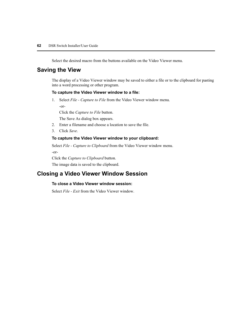 Saving the view, Closing a video viewer window session | Avocent DSR1020 User Manual | Page 70 / 96
