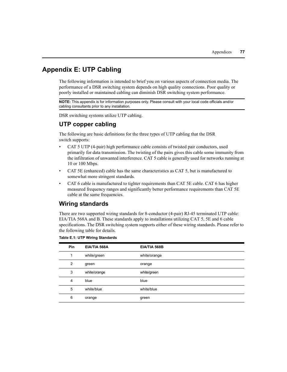 Appendix e: utp cabling, Utp copper cabling, Wiring standards | Avocent DSR1020 User Manual | Page 85 / 96