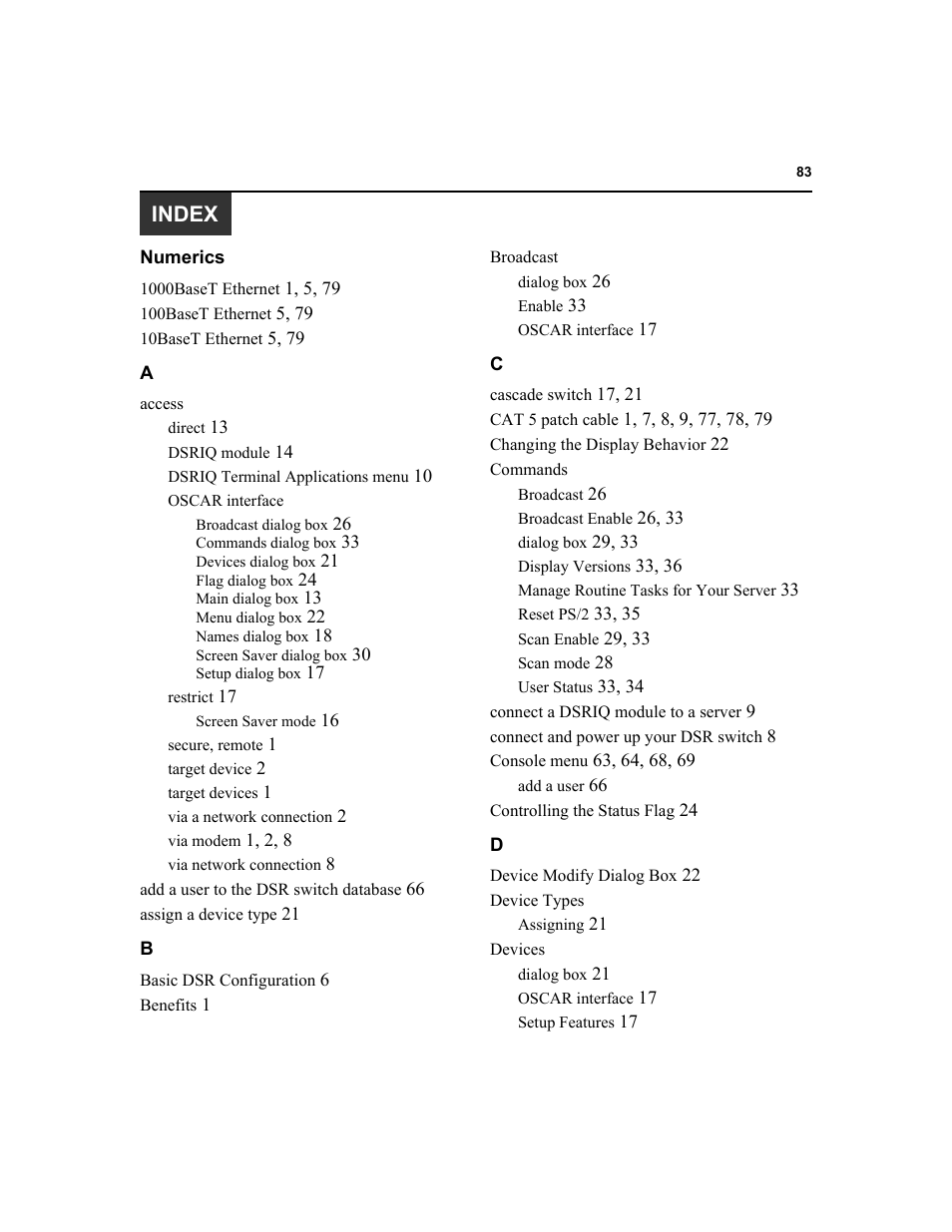 Index | Avocent DSR1020 User Manual | Page 91 / 96
