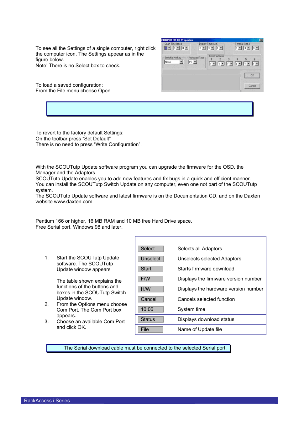 Single computer settings, Upgrading the scoututp firmware | Daxten RACKACCESS 16I User Manual | Page 16 / 21