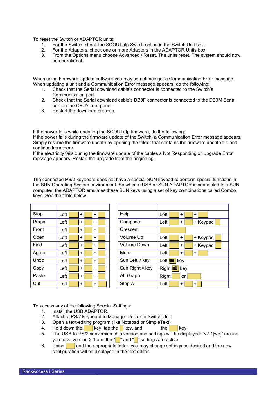 Resetting the switch or adaptor units, Power failure, Usb / sun combo keys | Usb / mac settings (on the usb adaptor) | Daxten RACKACCESS 16I User Manual | Page 18 / 21