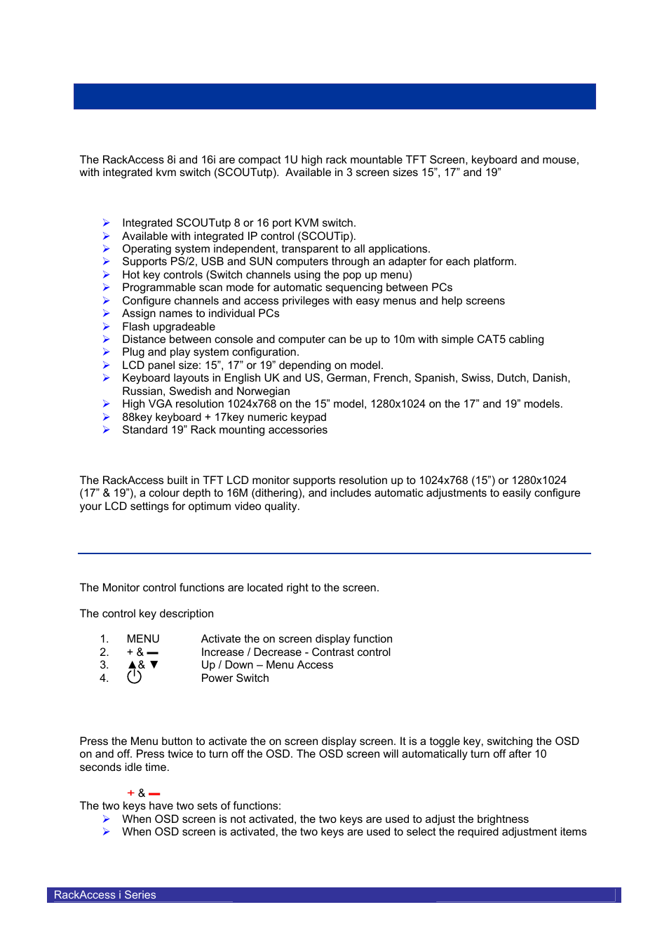 Rackaccess 8i & rackaccess 16i, Introduction, Product features | High video quality, Lcd monitor’s osd operation, Control functions, Description | Daxten RACKACCESS 16I User Manual | Page 5 / 21