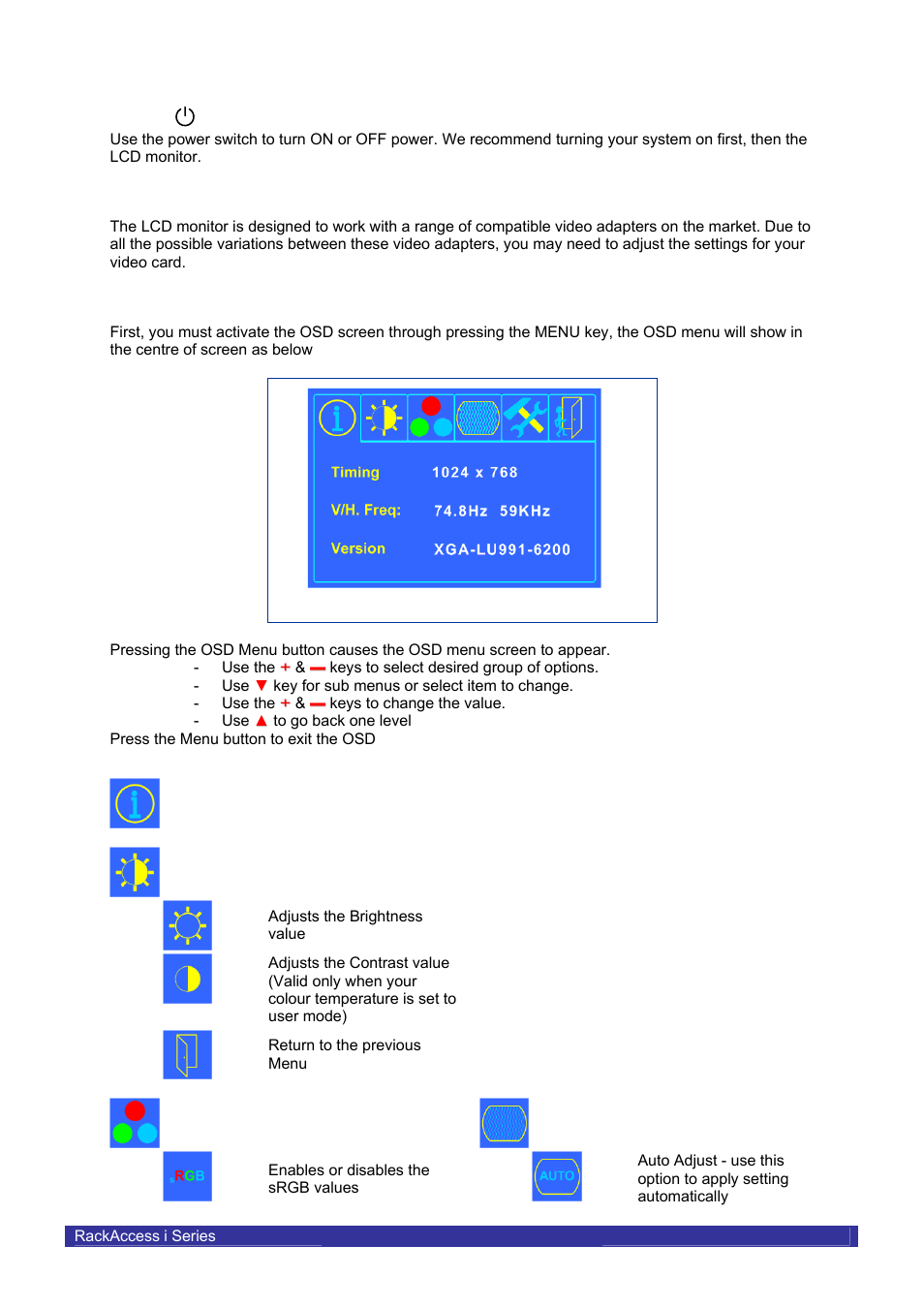 Adjusting the monitor, Adjustment procedure | Daxten RACKACCESS 16I User Manual | Page 6 / 21