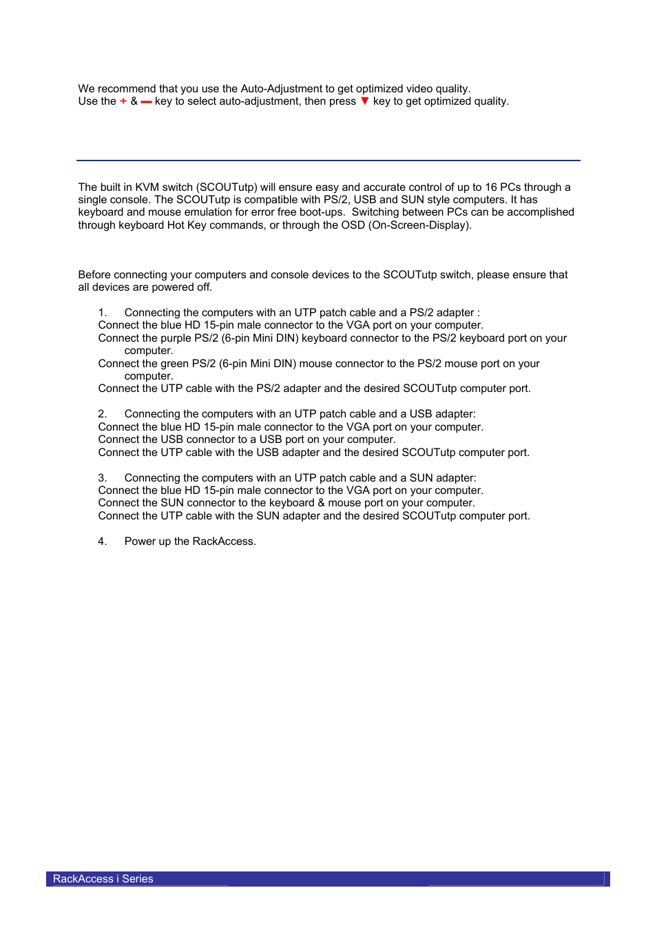 Auto-adjustment, Introduction – integrated scoututp switch, Installation | Daxten RACKACCESS 16I User Manual | Page 8 / 21